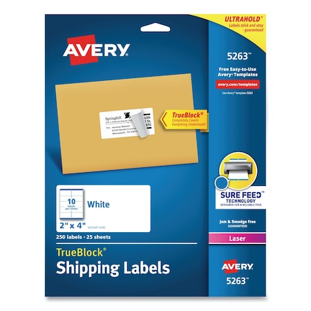 AVERY Shipping Labels w/TrueBlock, Laser Printers, 2 x 4, White, PK250 05263